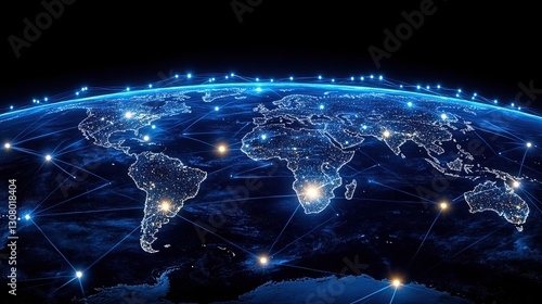 Global network connections at night, showing worldwide data flow and city lights