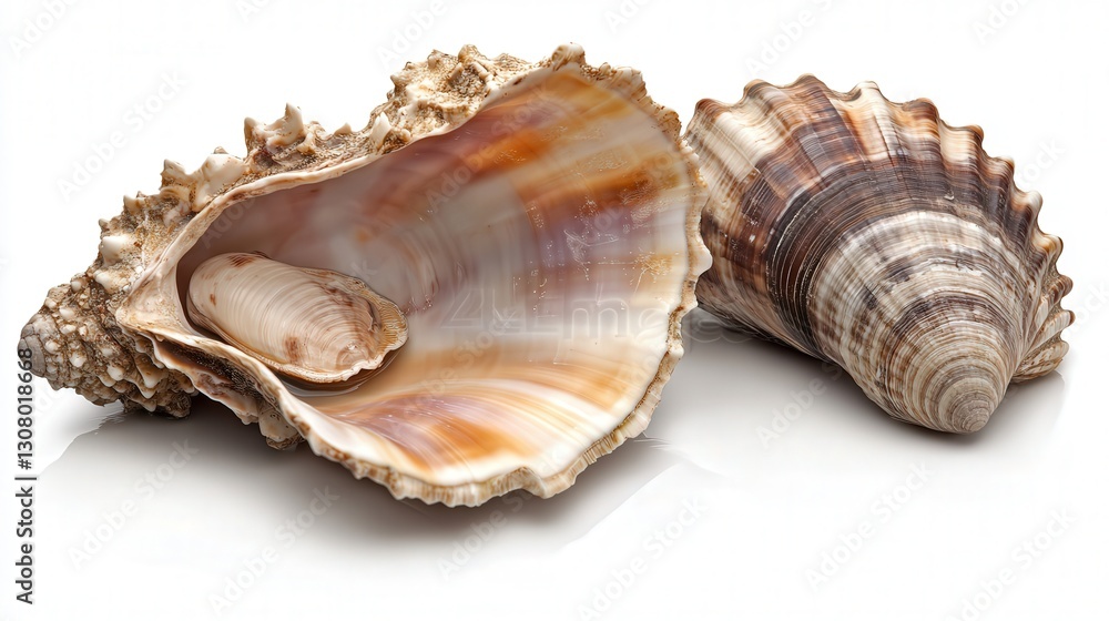 conch shell and clam in a close-up view, highlighting their natural textures and the beauty of these sea invertebrates