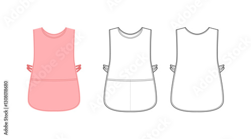 Set of Aprons Cobbler Slipover Smock technical fashion illustration. Tabard uniform for cooking pink cartoon Flat sketch outline apparel template front, back view. Women men unisex CAD mockup isolated