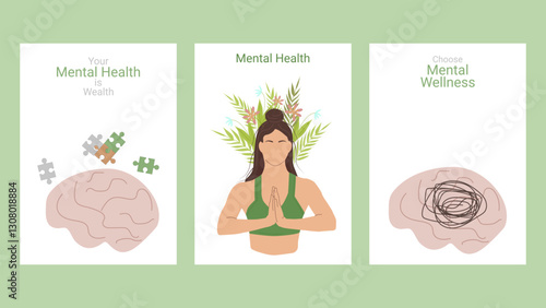 Mental health awareness month layout set poster. Human Brain Puzzles meditation. Psychological and emotional well-being. Vector illustration.