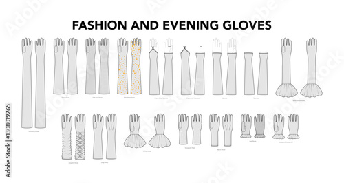 Set of Gloves - Fashion and Evening with names hand accessory clothing technical illustration garment. Vector for Men, women, unisex flat template CAD cartoon style isolated on white background