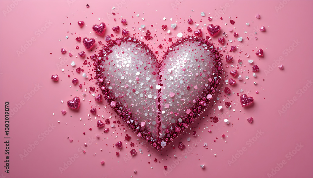 A heart-shaped design made of pink and silver crystals on a pastel pink background, symbolizing love, romance, and affection. A heart-shaped design made of pink and silver crystals on a pastel pink background, symbolizing love, romance, and affection.