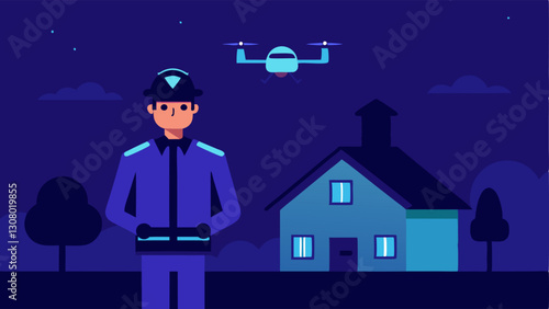 Night Delivery A pilot outfitted with a headlamp operates a drone in the twilight. The drone is illuminated by LED lights as it hovers above a house.