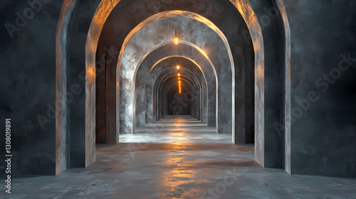 Fototapeta Naklejka Na Ścianę i Meble -  Eerie 3d render of isolated dungeon with twisting tunnels and flickering lights. Haunting - Ruins. Illustration