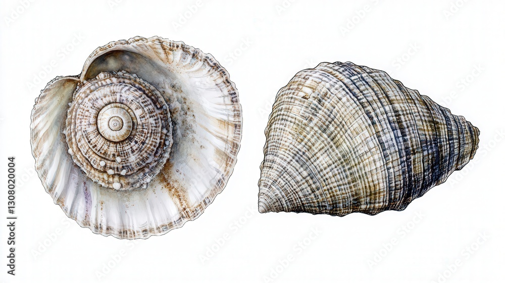 detailed view of a sea shell and clam, capturing their textures and the marine elegance of these shellfish detailed view of a sea shell and clam, capturing their textures and the marine elegance of these shellfish