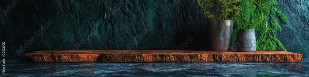 Fototapeta premium Rustic wooden shelf with plants against a dark teal background. Perfect for product display.