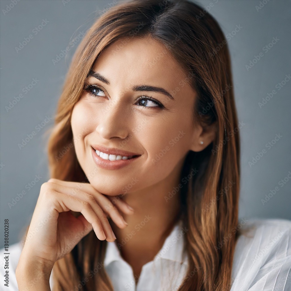 Woman Thinking About Clean Skincare in a Studio Setting, Highlighting Healthy Hands and Beauty Woman Thinking About Clean Skincare in a Studio Setting, Highlighting Healthy Hands and Beauty