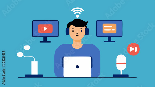 Podcast Distribution Illustrate a producer standing in front of a computer uploading an episode to multiple podcast platforms with logos of generic platforms displayed in the