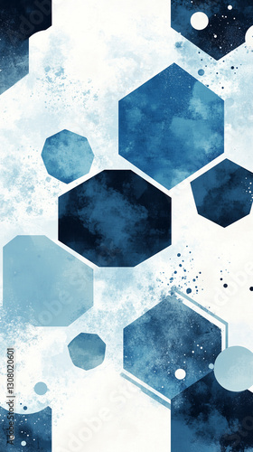 A geometric wallpaper with overlapping circles and hexagons in cool tones of light blue, navy and white.