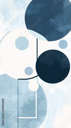 This geometric wallpaper features a design of overlapping circles in cool tones of navy, dark blue and white.