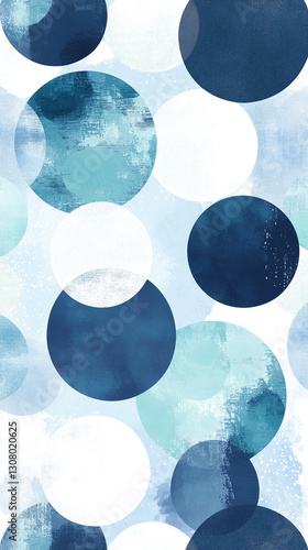 This geometric illustrated wallpaper features sea foam motifs in cool tones of light blue, navy, dark blue, and white.