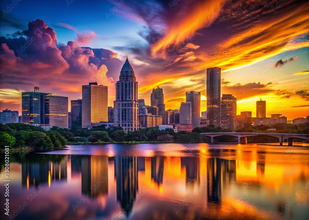 Fototapeta premium Austin Texas Skyline Silhouette at Sunset - Dramatic Cityscape Photography