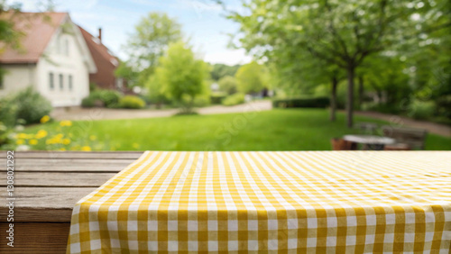 Wooden table with a yellow and white checkered tablecloth, set against a blurred background of a green outdoor garden and residential area. Perfect for picnic,warm, sunny, rural, inviting, soft focus,
