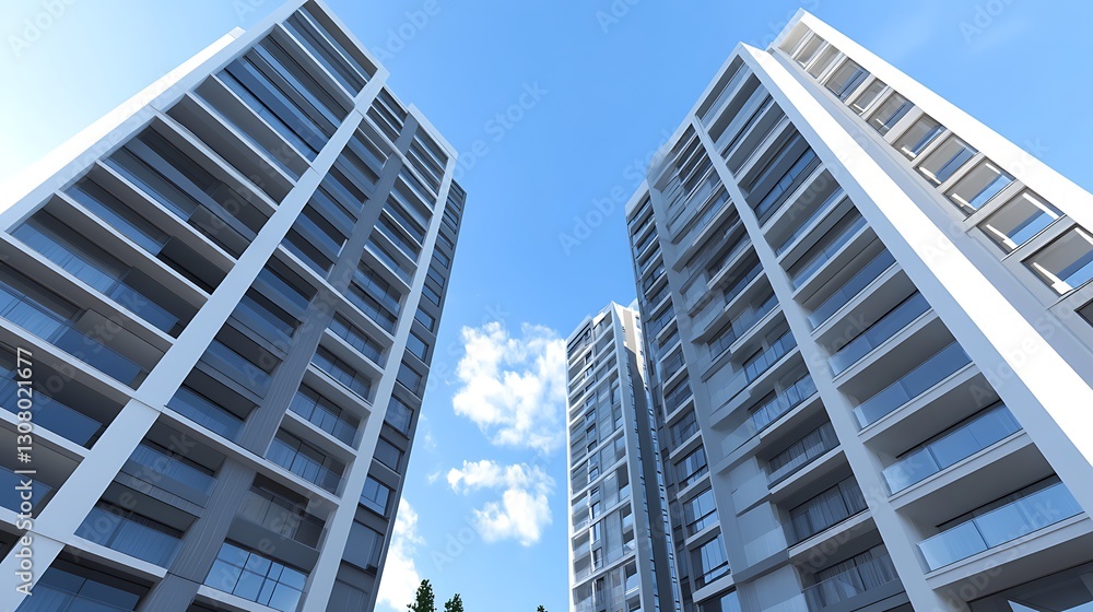 Modern apartment complex featuring an isolated design and blue skyline backdrop in an urban setting. Modern apartment complex featuring an isolated design and blue skyline backdrop in an urban setting.
