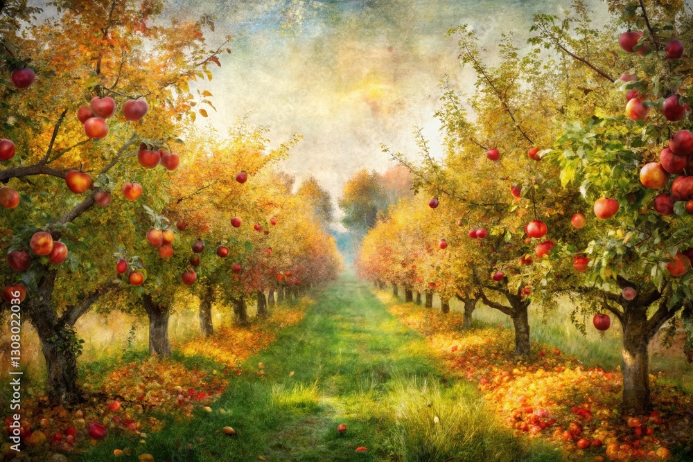 Autumn Apple Orchard Double Exposure Oil Painting - Textured Stock Photo Autumn Apple Orchard Double Exposure Oil Painting - Textured Stock Photo