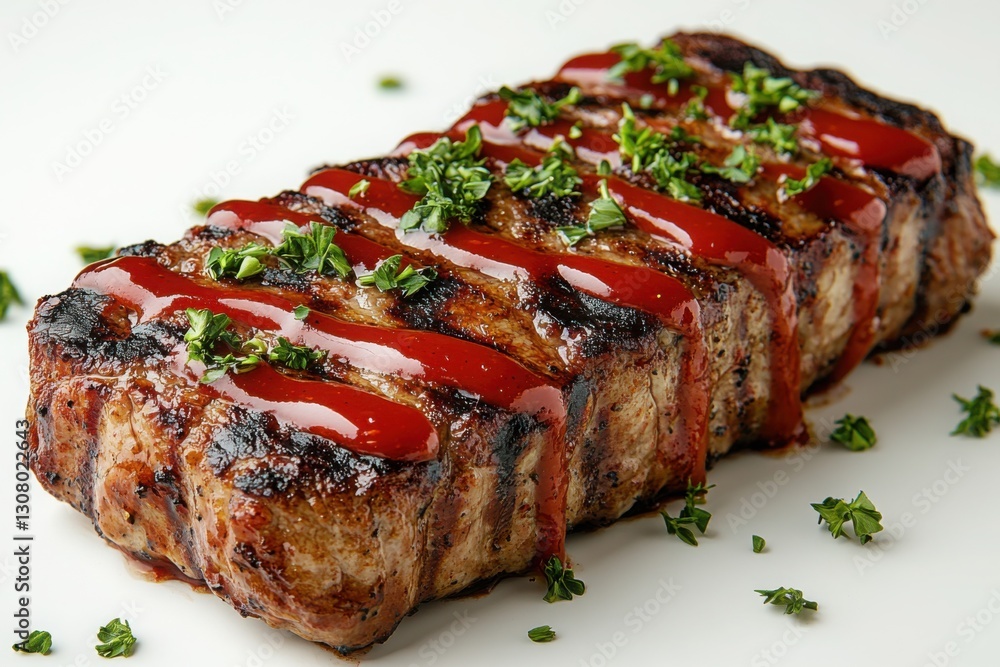 Succulent steak drizzled with rich red sauce and garnished with fresh herbs a culinary delight for meat lovers Succulent steak drizzled with rich red sauce and garnished with fresh herbs a culinary delight for meat lovers