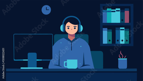 Night Owl Coding A latenight scene showing a web developer in cozy pajamas illuminated by the glow of their computer screen with a stack of books and headphones on.