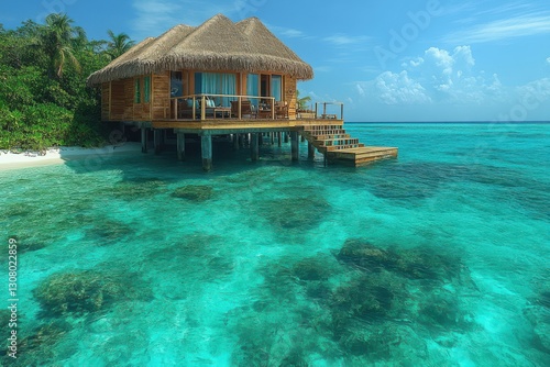 Discover a luxurious overwater bungalow on a secluded tropical getaway with stunning views of clear waters, featuring a cozy chair and a boat nearby.