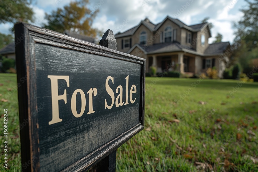 Fototapeta premium Home for Sale: Suburban house with a sign on the lawn for prospective buyers seeking a new property in a quiet residential neighborhood