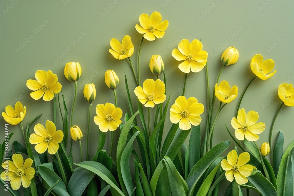 Obraz premium Vibrant Yellow Buttercups on Soft Green Background for Spring Home Decor