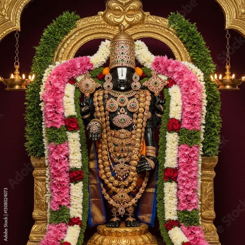 Divine Splendor: Lord Venkateswara Adorned in Sacred Jewelry and Floral Garlands at Tirumala Temple