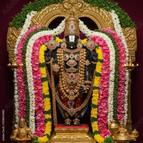 Divine Splendor: Lord Venkateswara Adorned in Sacred Jewelry and Floral Garlands at Tirumala Temple