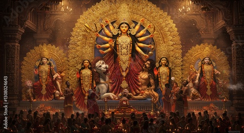 Grand Durga Puja Celebration in a Majestic Temple, Featuring a Magnificent Idol of Goddess Durga with Her Ten Arms, religious ceremony, navratri, indian culture, ten-armed goddess, powerful deity