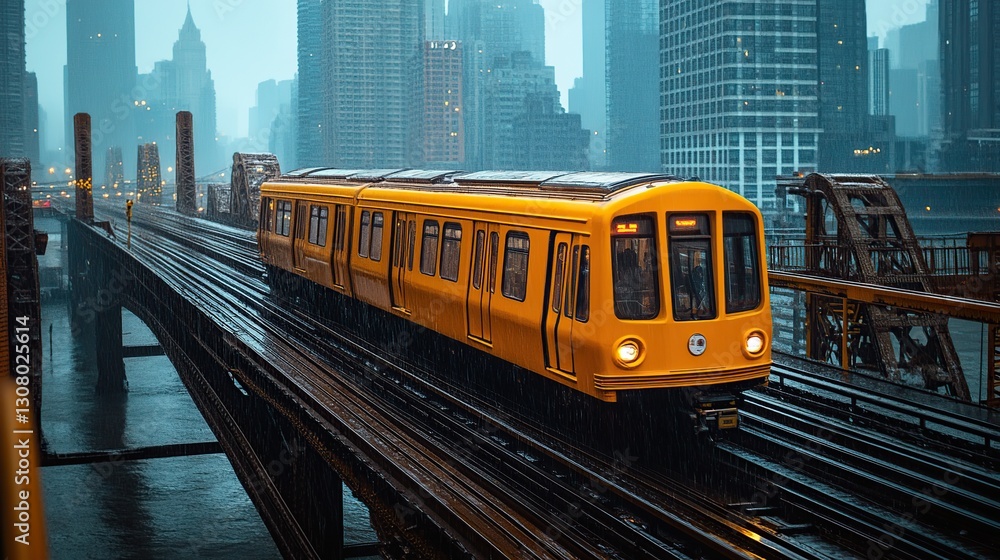 Obraz premium Rainy City Subway Train Crossing Bridge