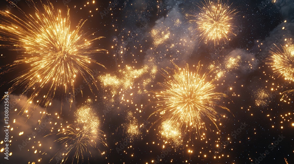 Naklejka premium dynamic display of gold fireworks lighting up the night sky in an outdoor environment