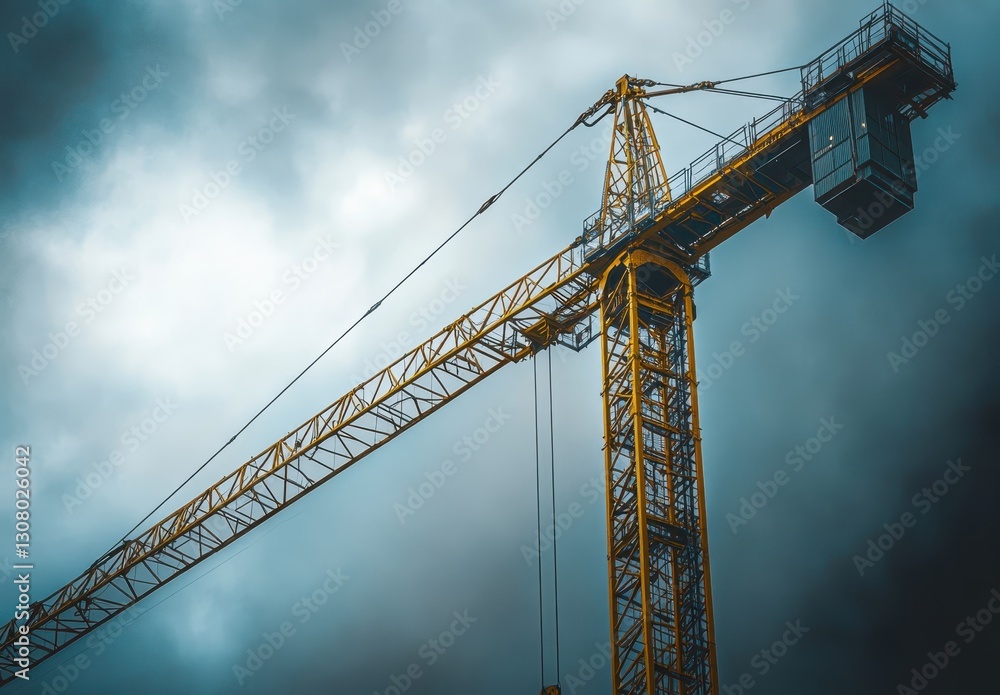 Tower crane against moody storm clouds showcasing construction machinery in industrial urban setting with dramatic lighting effects Tower crane against moody storm clouds showcasing construction machinery in industrial urban setting with dramatic lighting effects
