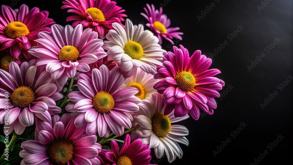 Black and White Marguerite Daisies Top View on Black Background - Stock Photo Black and White Marguerite Daisies Top View on Black Background - Stock Photo