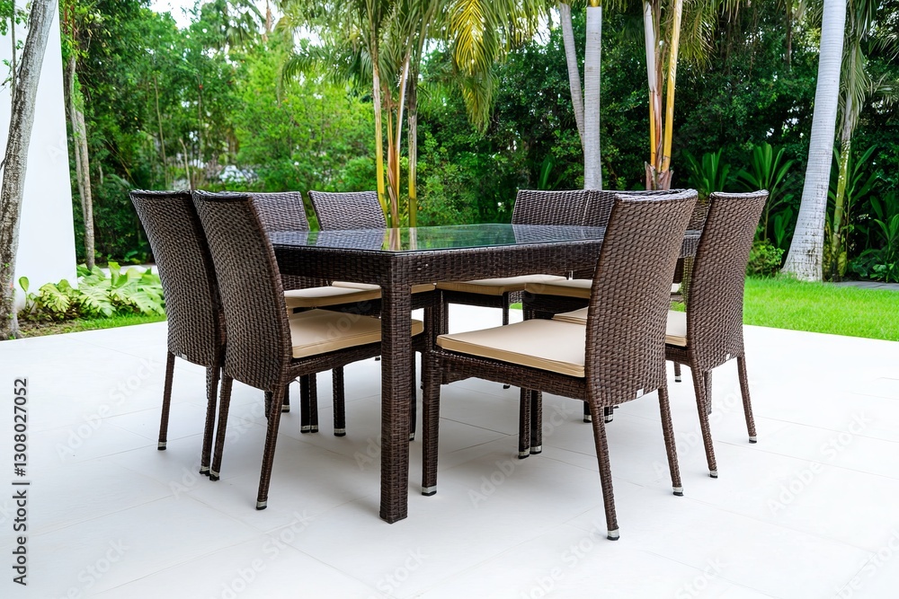 Outdoor wicker dining set with glass table and chairs in garden settings. Outdoor wicker dining set with glass table and chairs in garden settings.