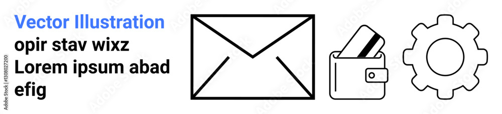 Mail envelope, wallet with cards, and gear icons suggest communication, financial transactions, and system settings. Ideal for apps, website UI, fintech, email services operations notifications Mail envelope, wallet with cards, and gear icons suggest communication, financial transactions, and system settings. Ideal for apps, website UI, fintech, email services operations notifications