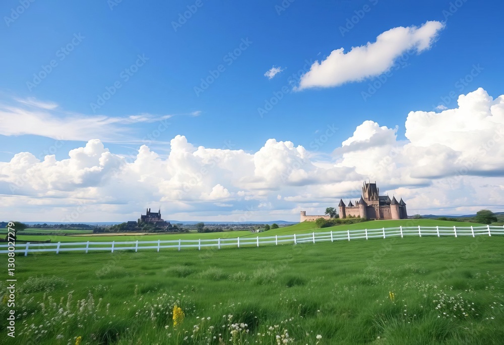 Serene meadow, blue sky, fluffy clouds, white fence, grazing castles, tranquil countryside, spring, rural Serene meadow, blue sky, fluffy clouds, white fence, grazing castles, tranquil countryside, spring, rural