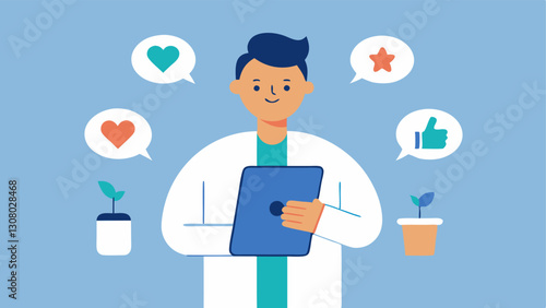 Patient Feedback Collection An advocate holding a tablet and interacting with patients to gather feedback on digital health services with thumbs up icons indicating positive