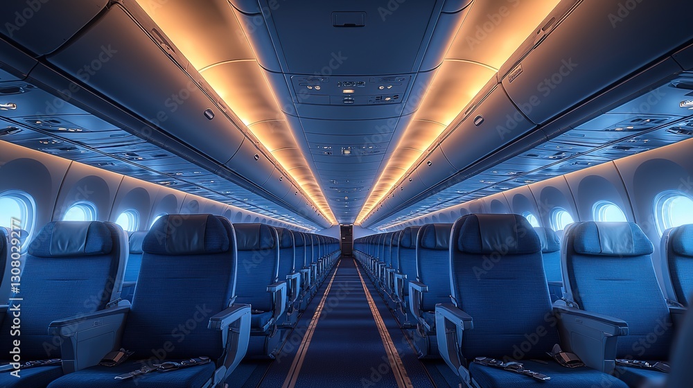 Empty airplane cabin with comfortable seats. Spacious interior design highlights modern air travel comfort. Modern plane interior with blue seats, 32k Resolution Empty airplane cabin with comfortable seats. Spacious interior design highlights modern air travel comfort. Modern plane interior with blue seats, 32k Resolution