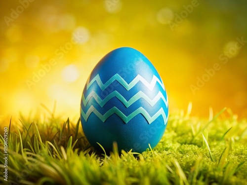 Blue Easter Egg with White Zigzag Pattern on Green Grass - Low Light Photography