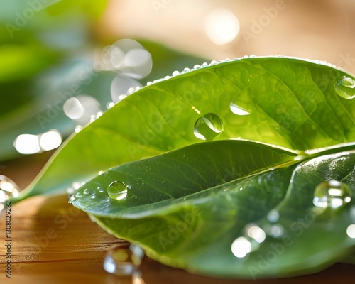 green tea leaf with water drops