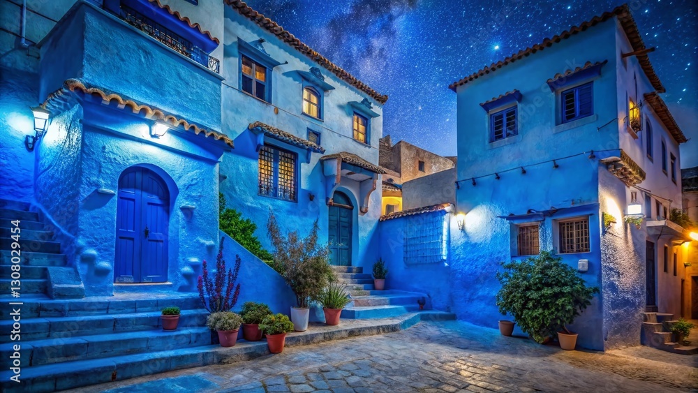 Fototapeta premium Blue House Facade, Chefchaouen, Morocco - Night Photography
