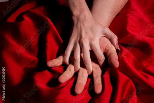 Couple sensual touch. Hands of lovers. Woman pulling sheets. Hands of love. Couple in love. Sensual hands concept. Tender couple in bed. Romance.