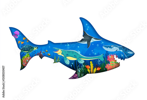 Megalodon giant shark silhouette with prehistoric underwater dinosaurs and reptiles in ocean landscape. Vector paper cut, shark shaped, layered 3d frame with ancient marine creatures and coral reefs