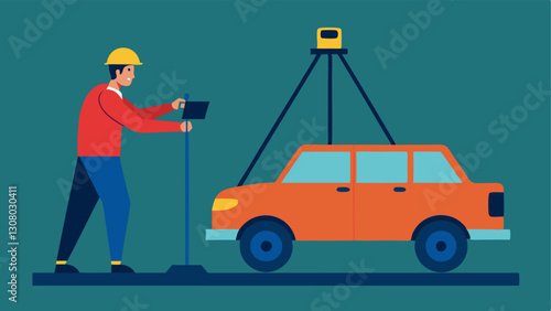 Sensor Calibration An engineer adjusts the angle of a LIDAR sensor mounted on a vehicle focusing on precision while tools are tered nearby.