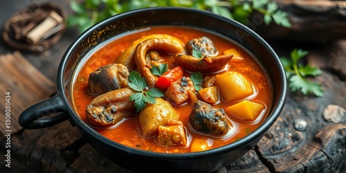 Spicy Jamaican curry goat and vegetables simmered in a dark bowl atop rustic wood ,  brown stew,  color photo