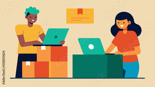 Order Fulfillment Process An illustration of an employee packing an online order into a box while another employee prepares shipping labels.