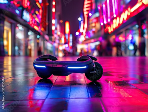 Futuristic mobility, personal transporter amidst vibrant neon cityscape