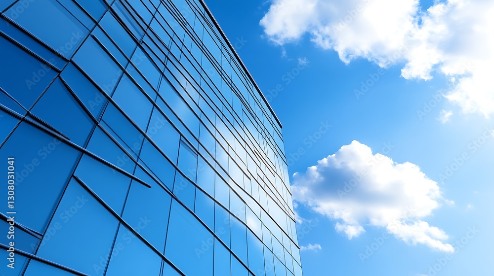 Modern glass skyscraper captured from a low-angle perspective, showcasing reflections and architecture. Modern glass skyscraper captured from a low-angle perspective, showcasing reflections and architecture.