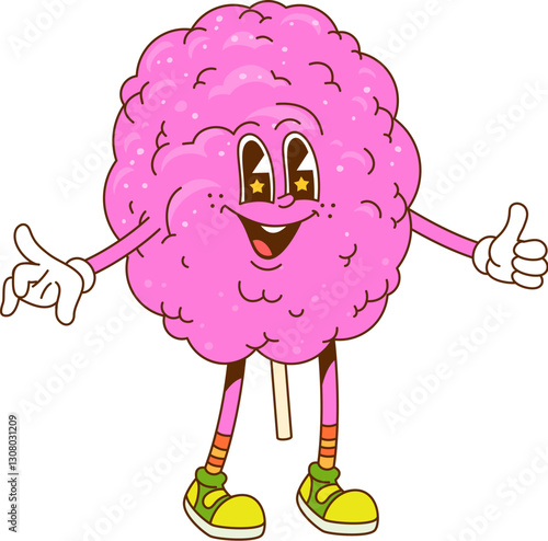 Groovy retro cartoon cotton candy or fast food sweet dessert, vector hippie character. Groovy candy floss or sugar cotton with funny smile on happy face with thumb up gesture for fast food dessert