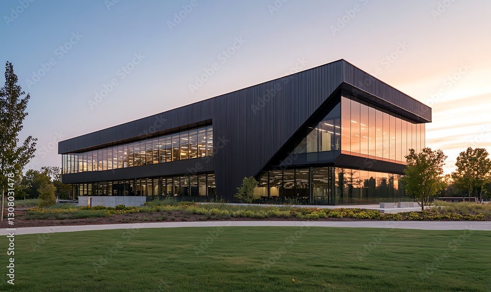 Obraz premium Low-rise commercial building featuring modern metal panels in a contemporary design.