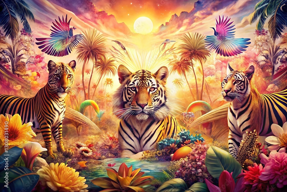Obraz premium Boho Chic Panoramic Animal Print Backdrop: Vibrant Zebra, Leopard & Tiger Prints for Lifestyle Photography