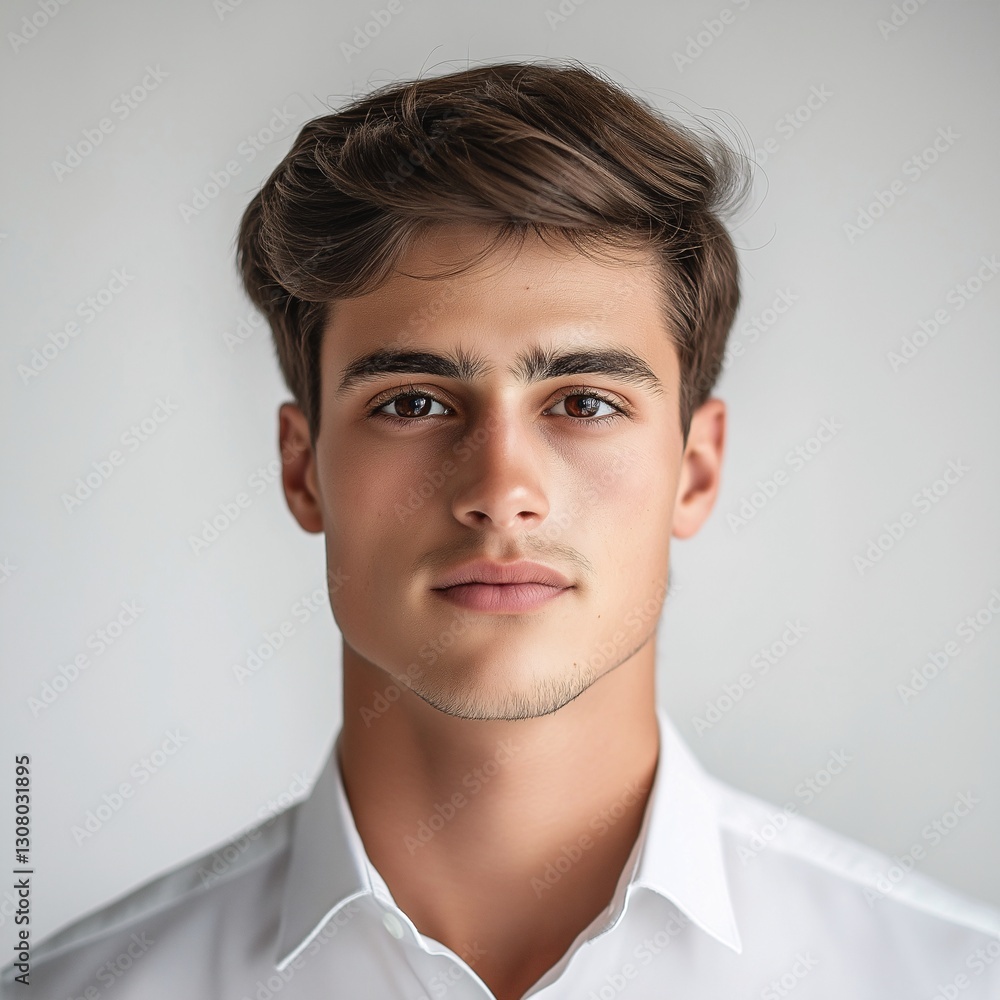Confidence and Charm in Young Man's Portrait - Vibrant Eyes & Stylish Simplicity Confidence and Charm in Young Man's Portrait - Vibrant Eyes & Stylish Simplicity